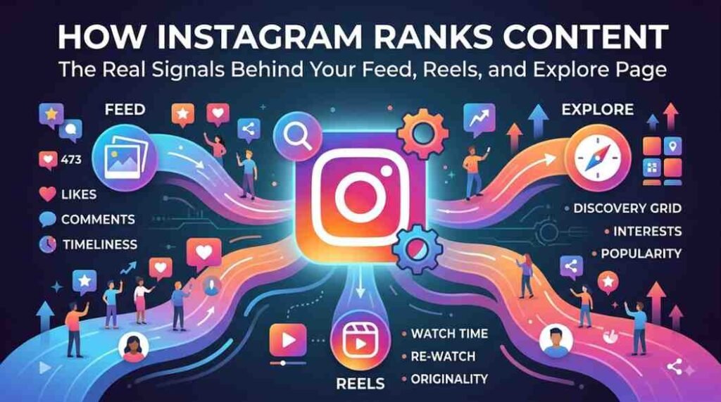 Infographic illustrating how Instagram ranks content across Feed, Reels, and Explore using key engagement signals.