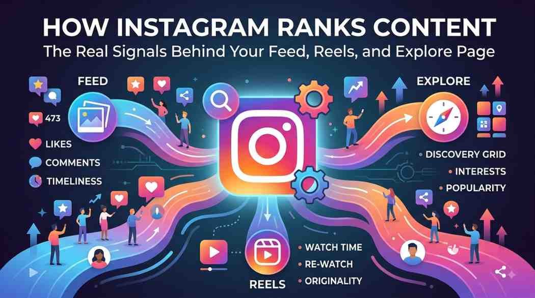 Infographic illustrating how Instagram ranks content across Feed, Reels, and Explore using key engagement signals.